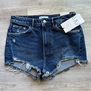 NWT Zara Medium Blue Wash Denim High Rise Waisted Cutoff Style Short Shorts